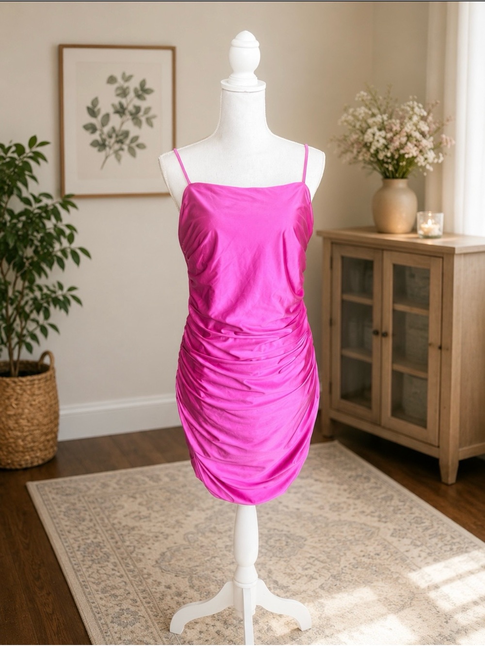 BP. Nordstrom Y2K style Satin Strapless Rouched Mini Dress sz L Barbiecore